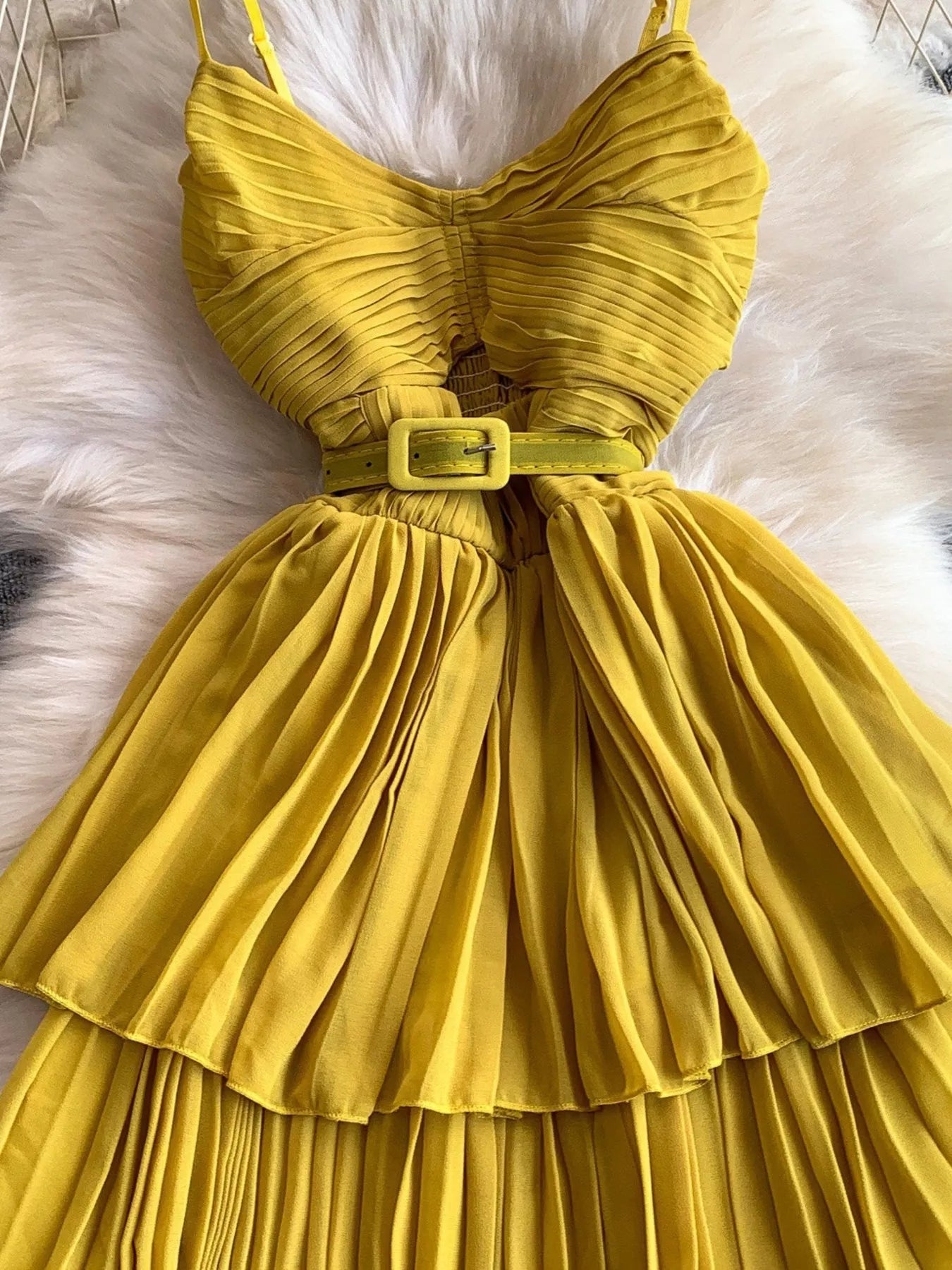 Pleated Layered Spaghetti Strap Midi Dress - Girly Tea