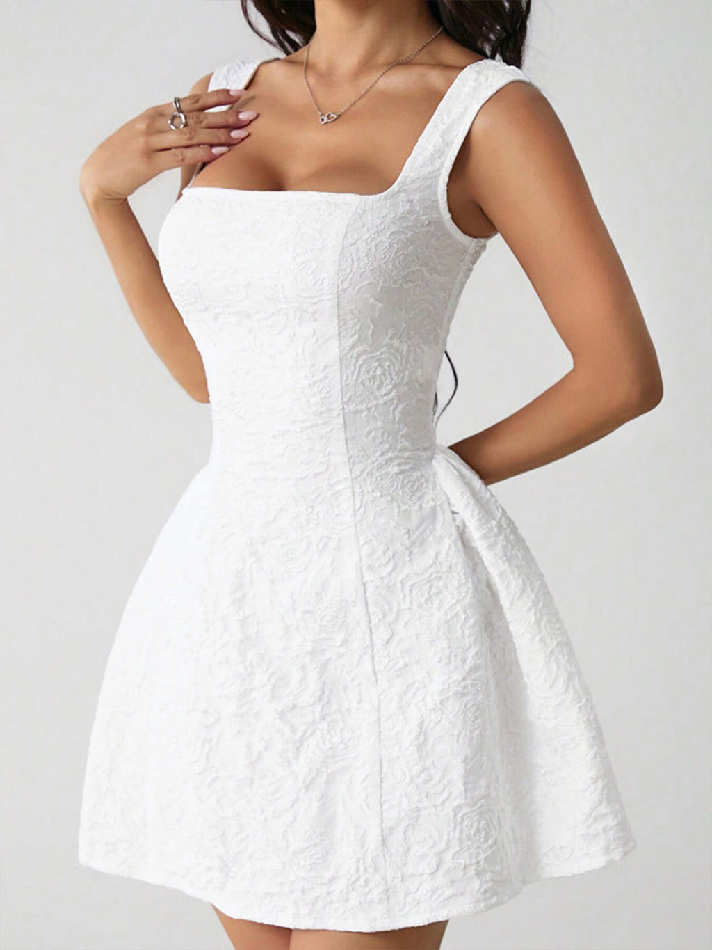 Textured Square Neck Mini Dress - Girly Tea