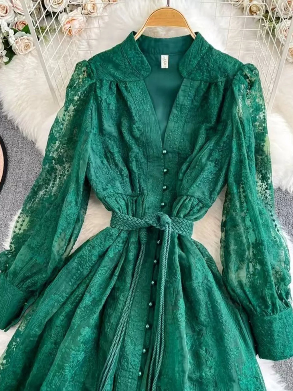 Lace Tie Waist Long Sleeve Dress - Girly Tea
