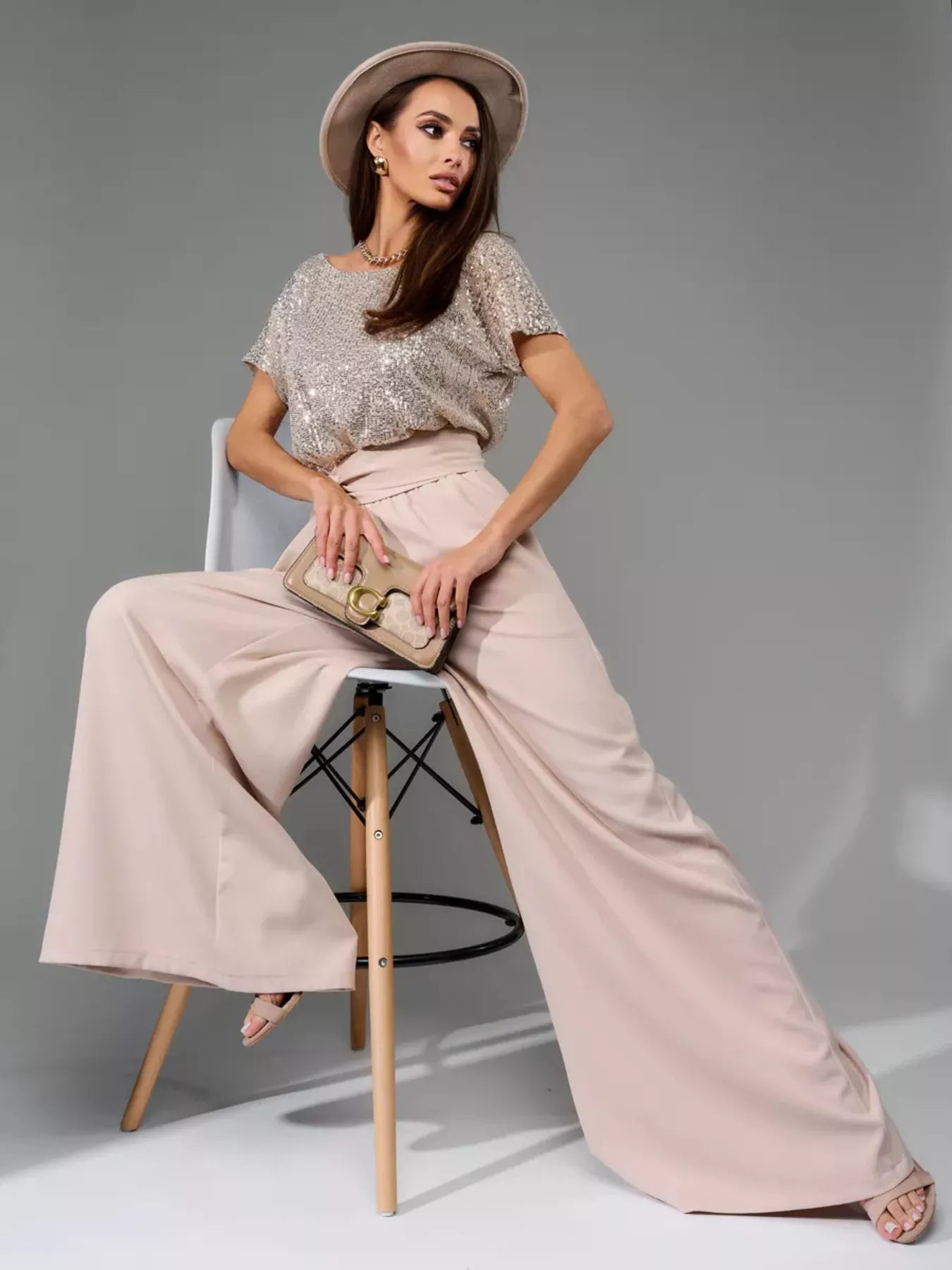 Full Size Sequin Short Sleeve Wide Leg Jumpsuit Plus Size - Girly Tea