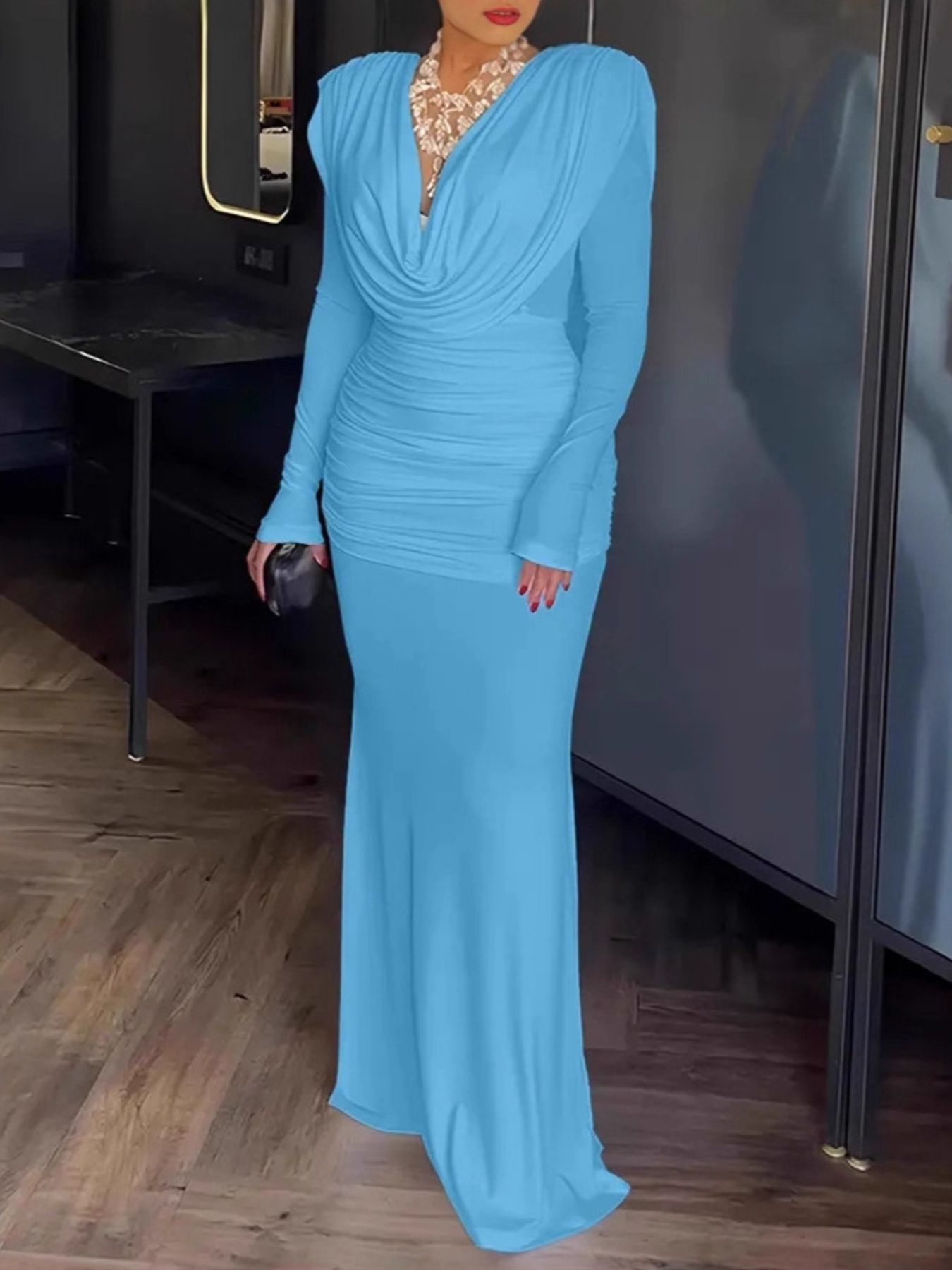 Ruched Long Sleeve Maxi Dress - Girly Tea
