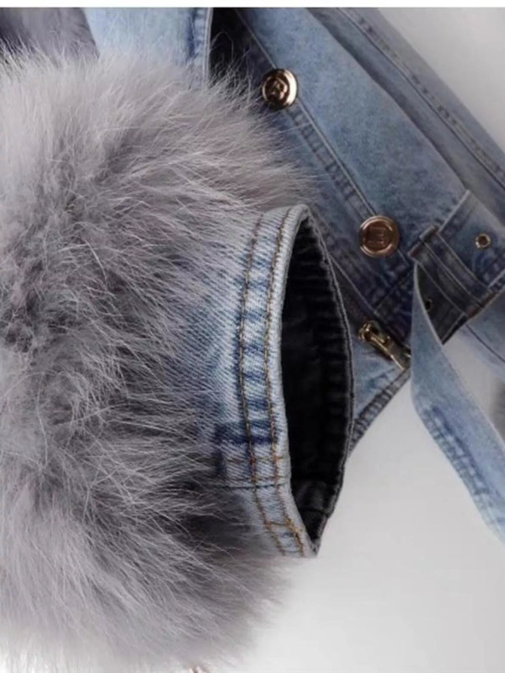 Full Size Faux Fur Collar Denim Jacket Plus Size - Girly Tea