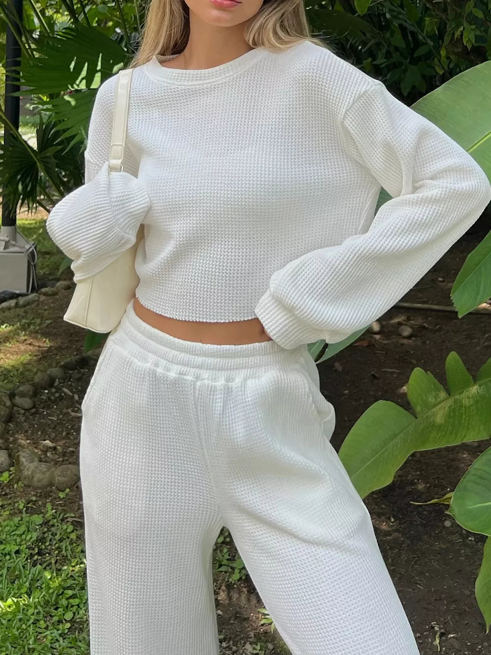 Waffle-Knit Round Neck Top and Pants Set - Girly Tea