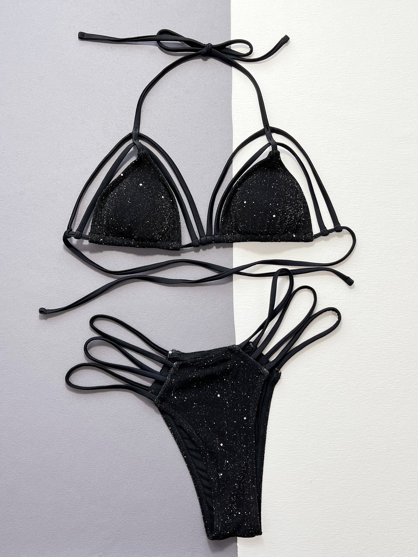 Glitter Halter Neck Strappy Two-Piece Bikini Set - Girly Tea