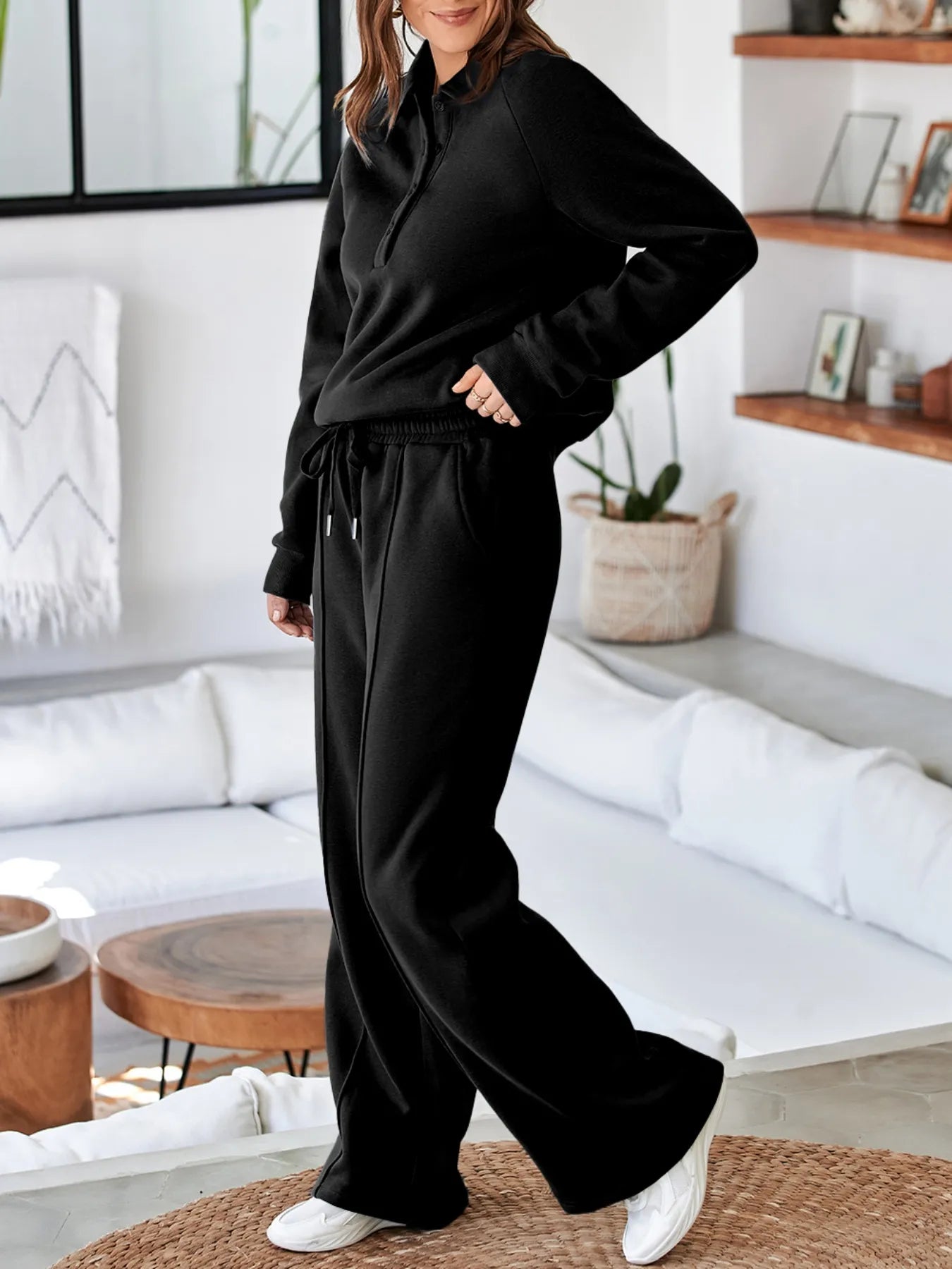 Collared Sweatshirt and High Waist Pants Active Set - Girly Tea