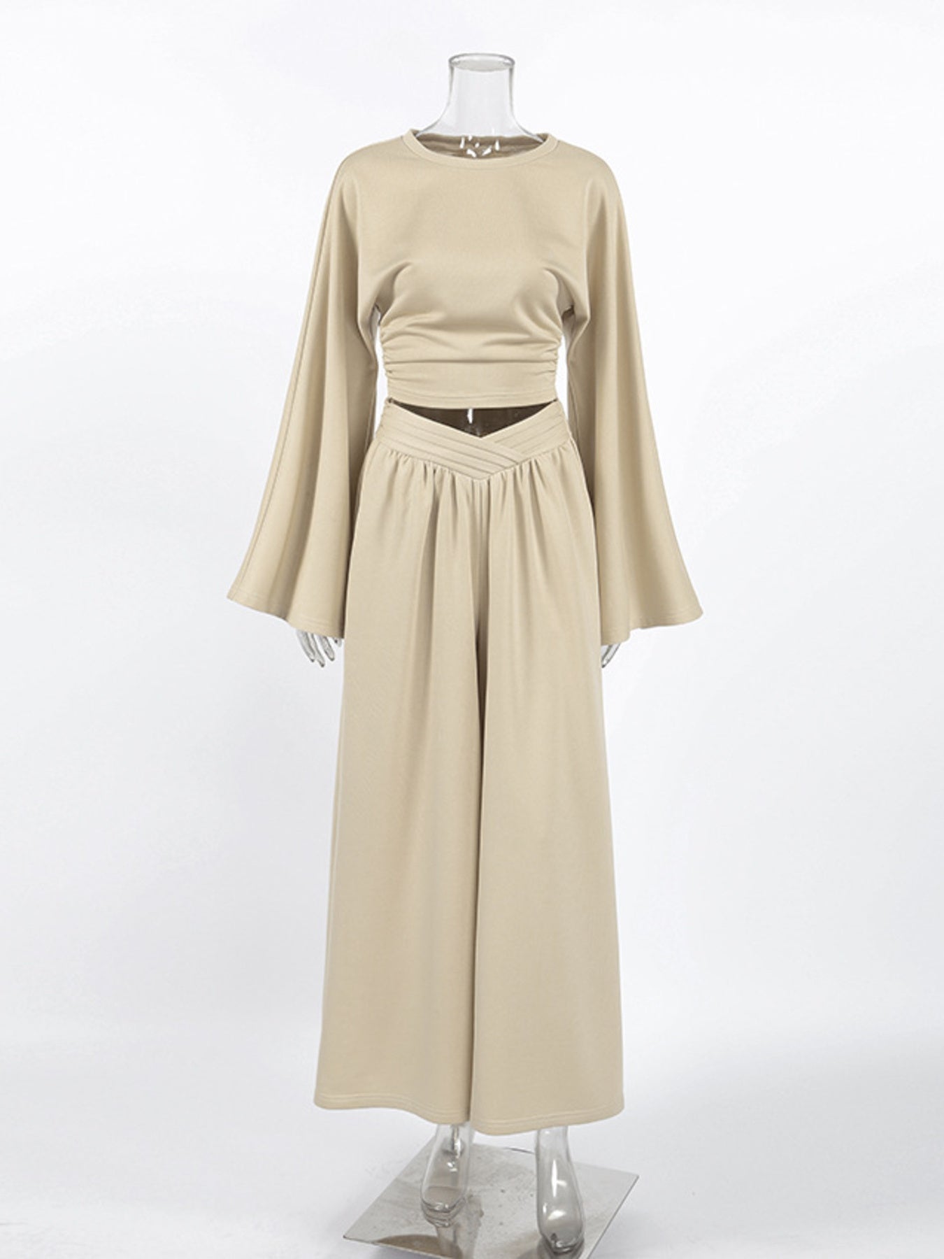 Round Neck Top and Wide Leg Pants Set - Girly Tea