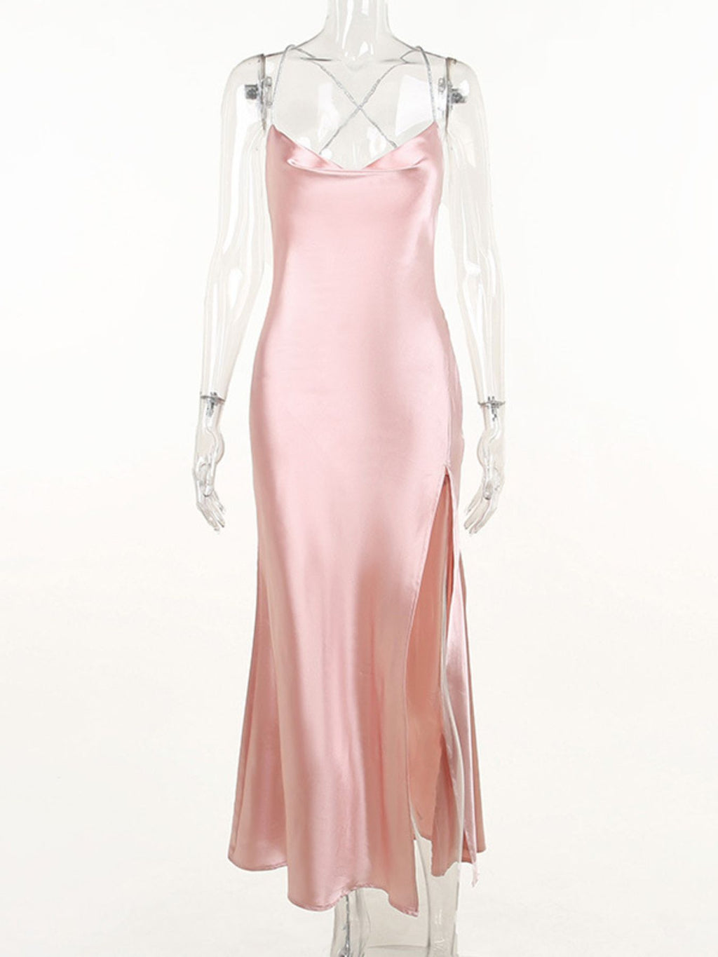 Slinky Satin Cowl Neck High Slit Dress with Back Lace Up - Girly Tea