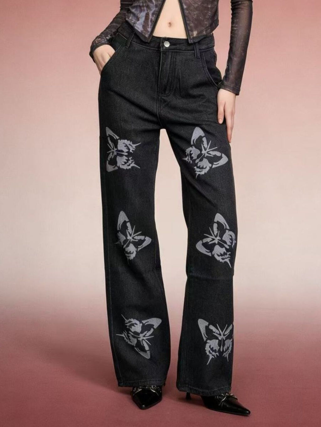 Butterfly Print High-Waisted Wide Leg Jeans - Girly Tea