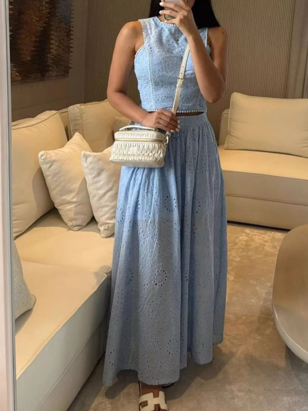 Eyelet Crop Top and Maxi Skirt Set - Girly Tea
