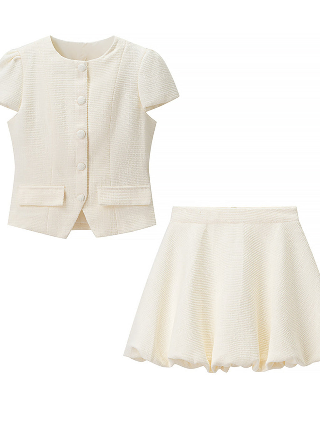 Button Up Short Sleeve Top and Bubble Hem Skirt Set - Girly Tea