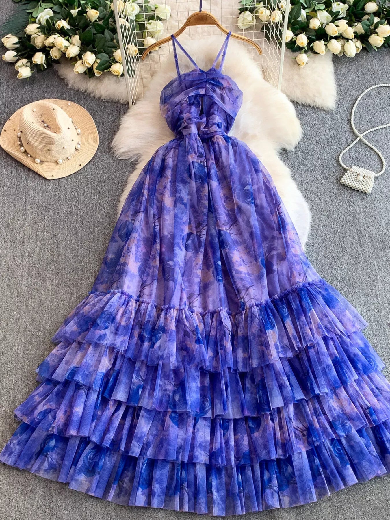 Floral Print Ruffled Layered Mesh Dress - Girly Tea