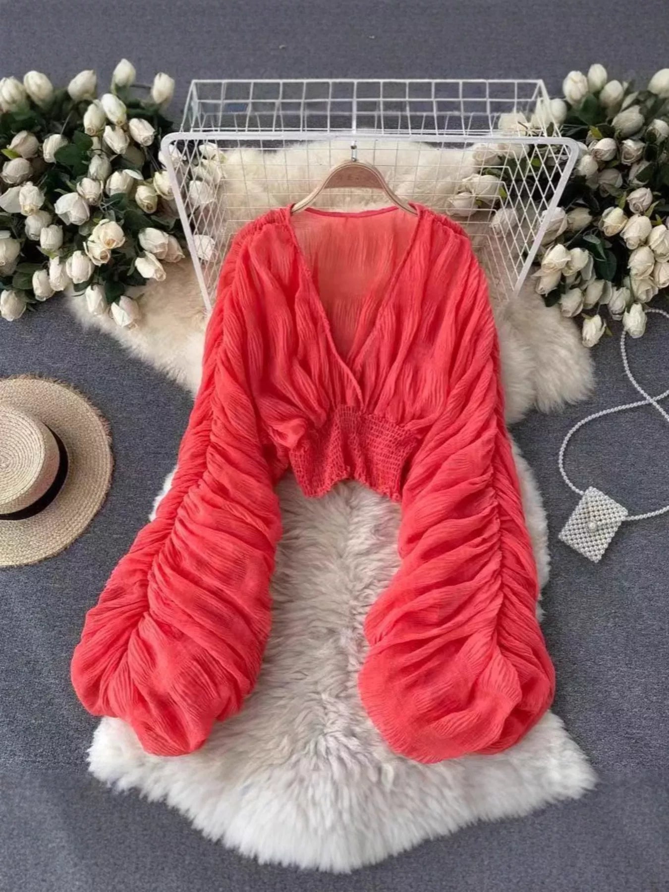 Smocked Ruched Long Sleeve Blouse - Girly Tea
