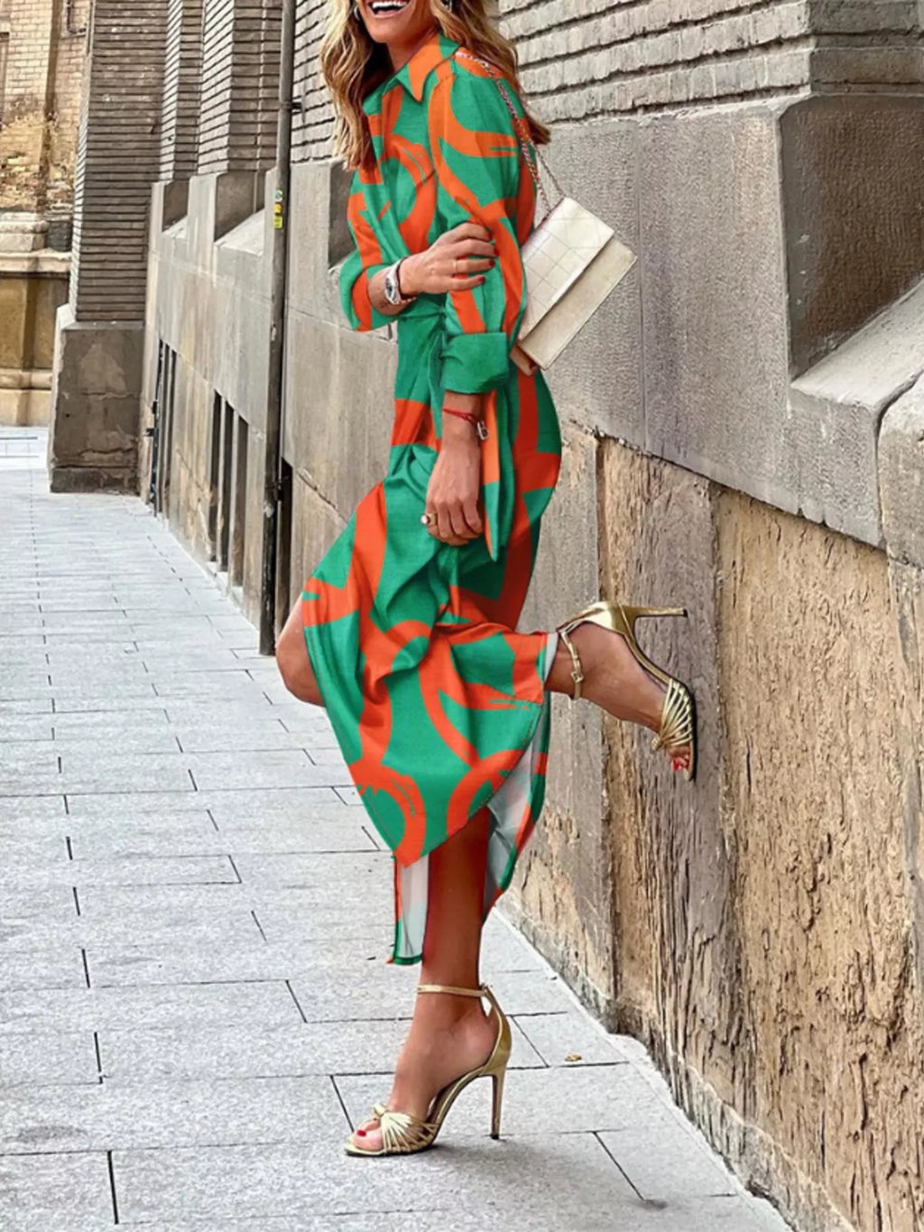 Printed Collared Neck Shirt Dress - Girly Tea