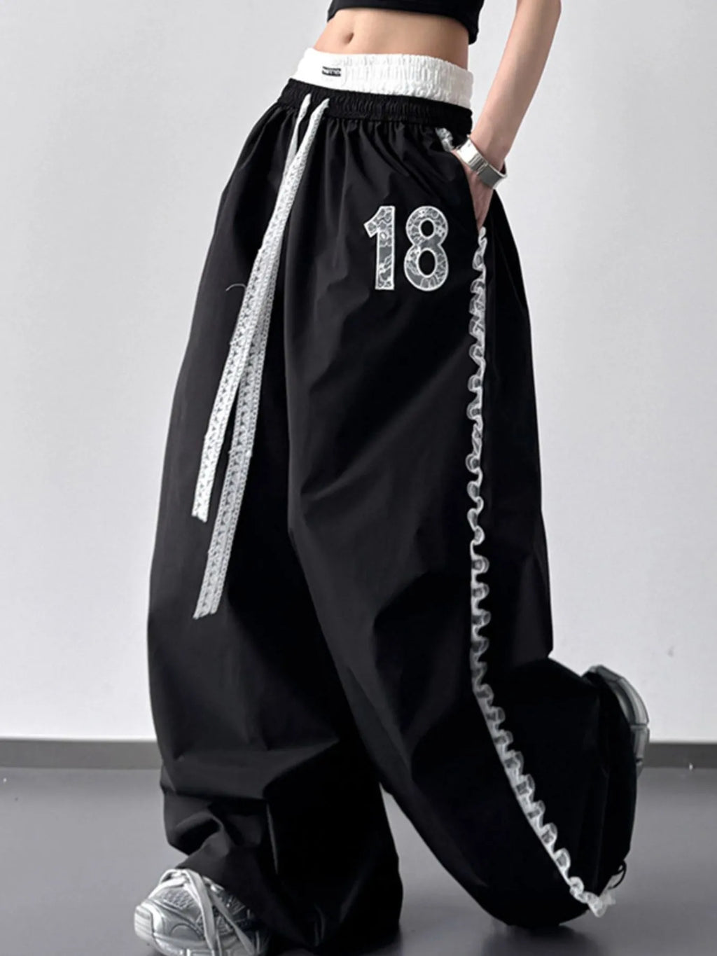 Lace Detail Drawstring Wide Leg Pants - Girly Tea