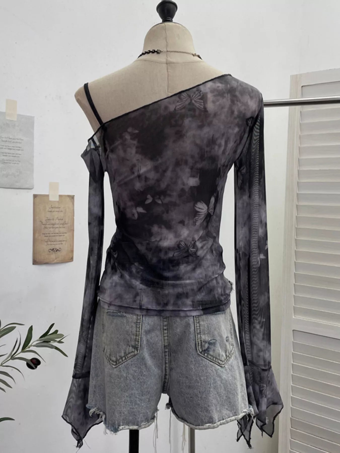 Asymmetrical Neck Denim Patchwork Top - Girly Tea