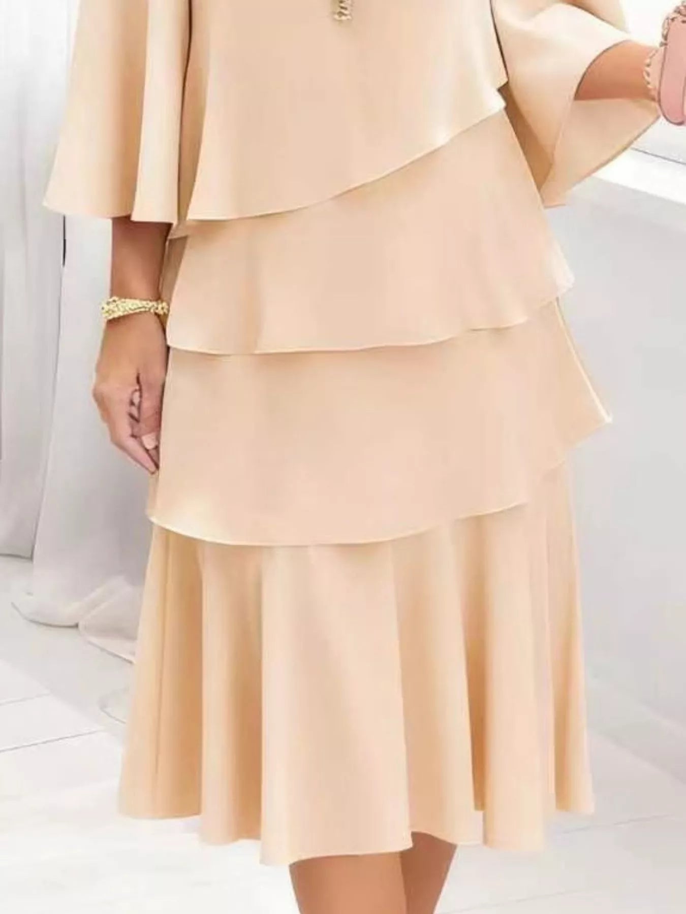 Full Size Ruffled Layered 3/4 Sleeve Dress Plus Size - Girly Tea
