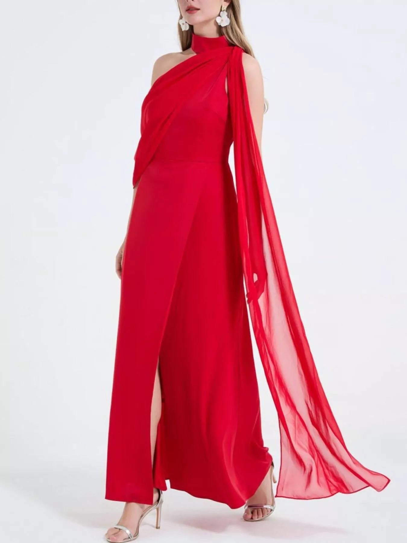 Asymmetrical Neck High Slit Maxi Dress - Girly Tea