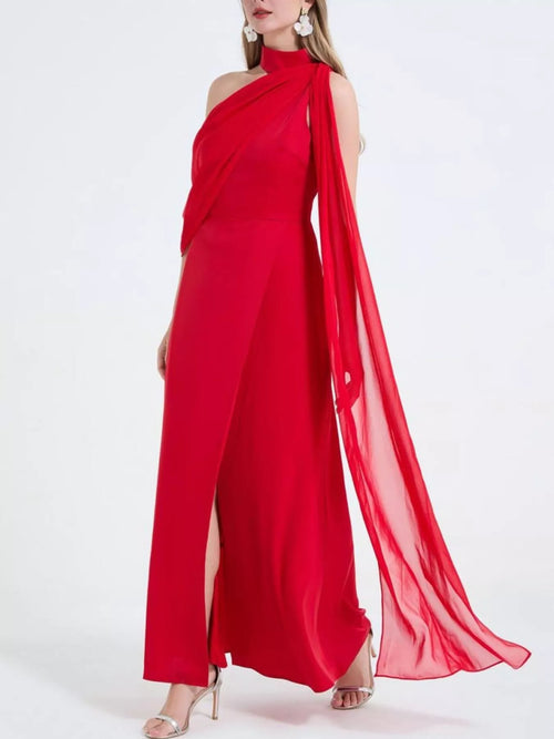 Asymmetrical Neck High Slit Maxi Dress - Girly Tea