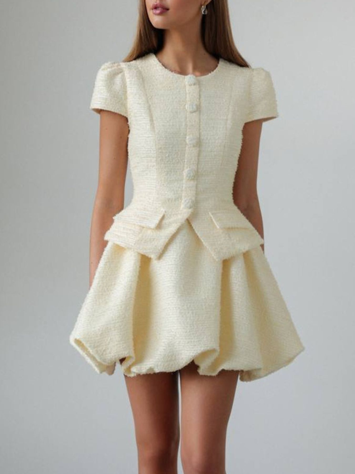 Button Up Short Sleeve Top and Bubble Hem Skirt Set - Girly Tea