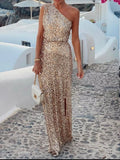 Sequin One-Shoulder Slit Maxi Dress - Girly Tea