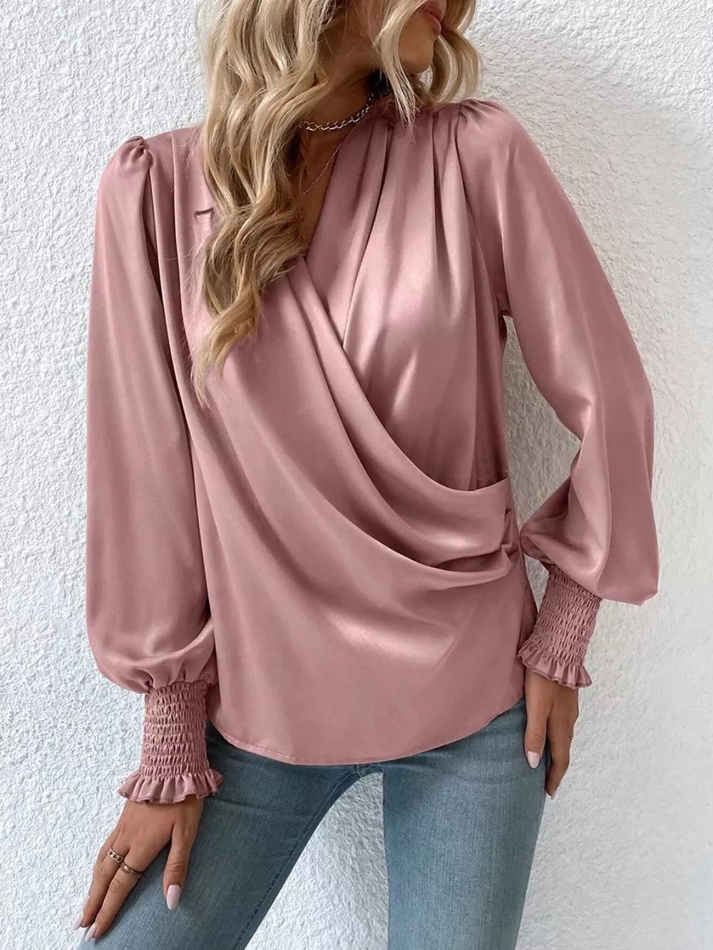Surplice Smocked Lantern Sleeve Blouse - Girly Tea