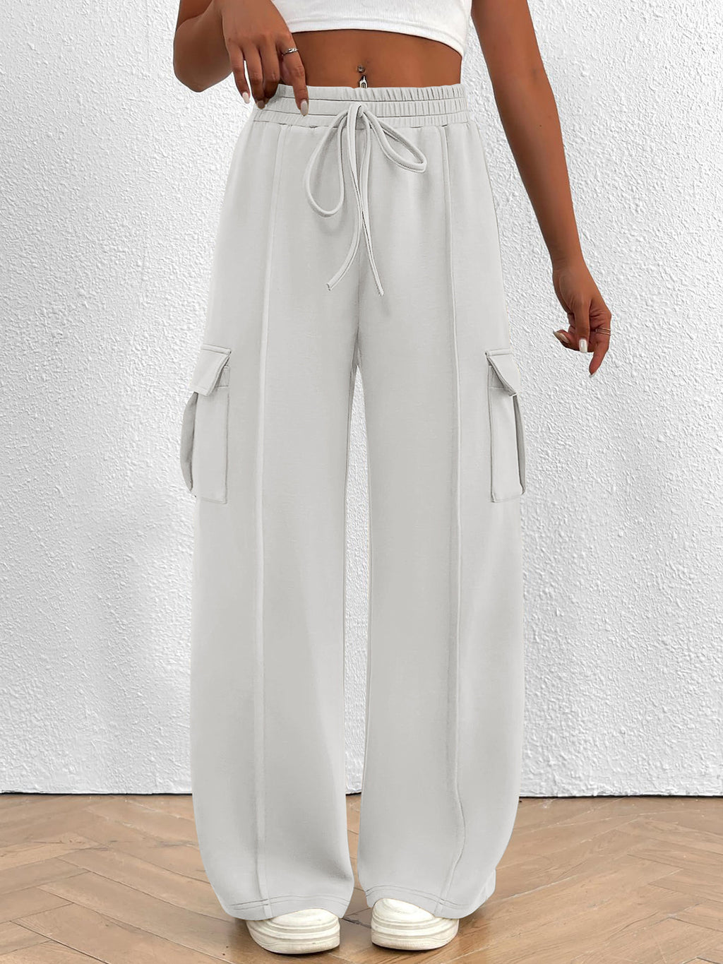 Casual High Waist Cargo Pants with Drawstring - Girly Tea