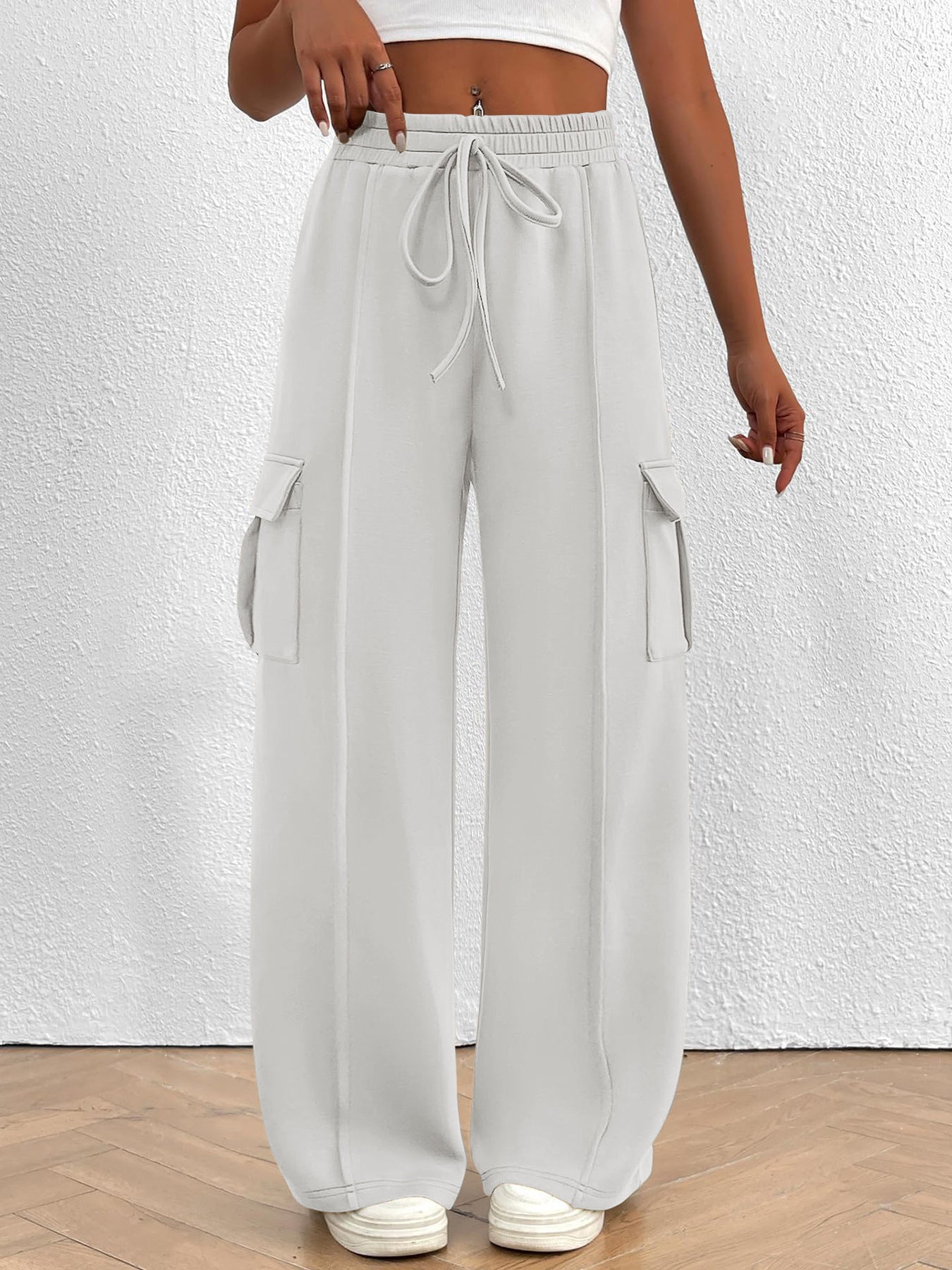 Casual High Waist Cargo Pants with Drawstring - Girly Tea