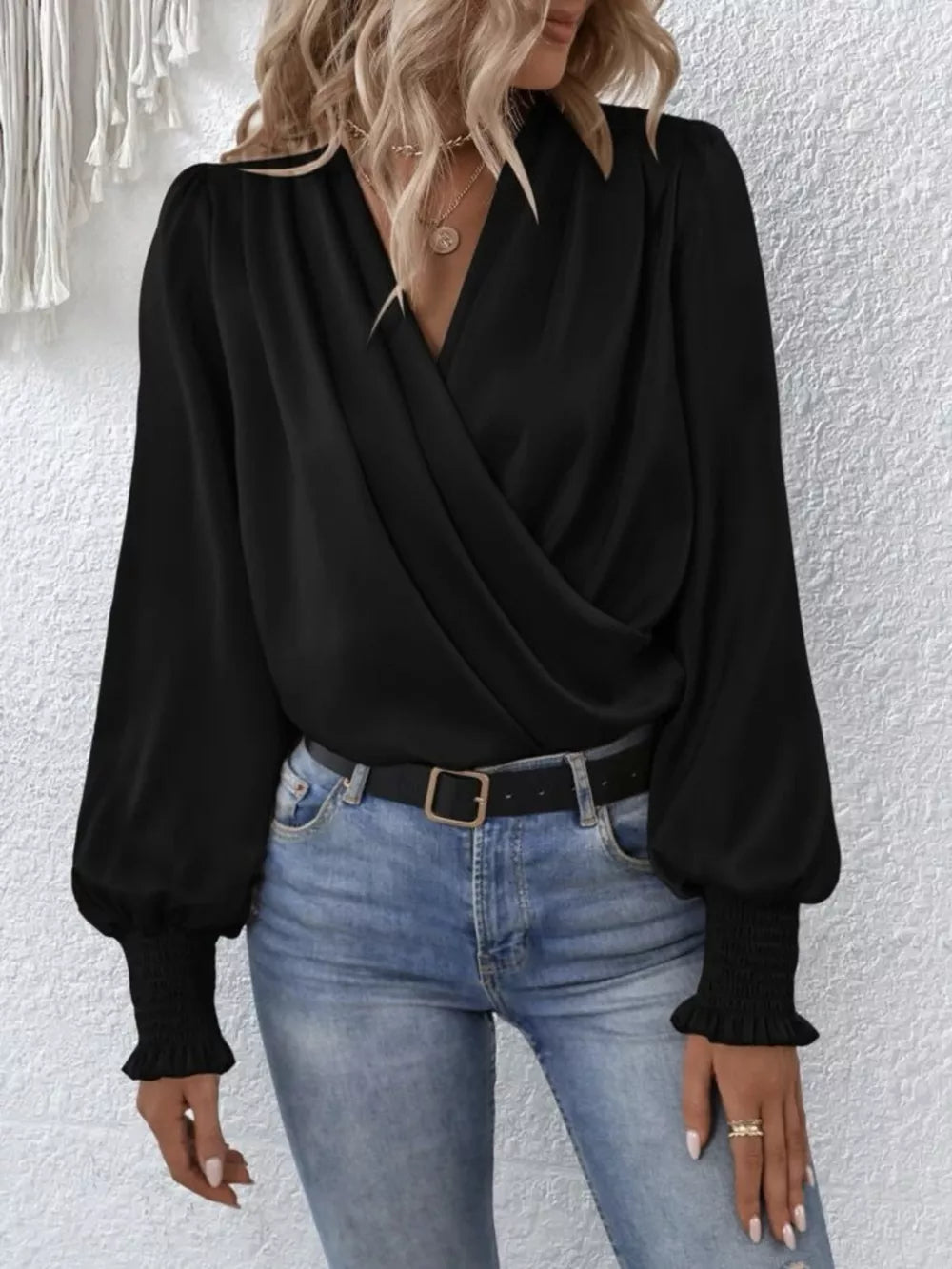 Surplice Smocked Lantern Sleeve Blouse - Girly Tea