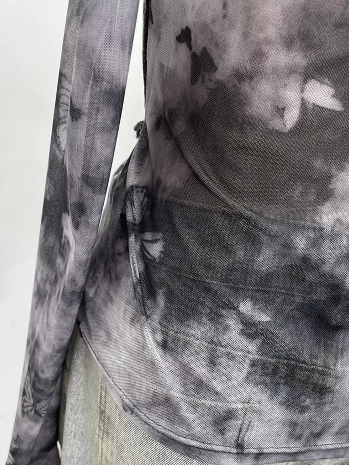 Asymmetrical Neck Denim Patchwork Top - Girly Tea