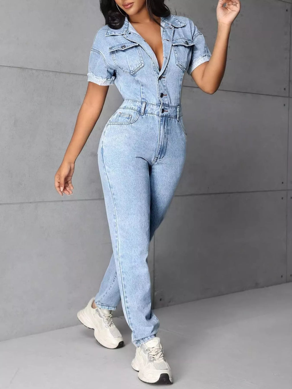 Button Front Short Sleeve Denim Jumpsuit - Girly Tea