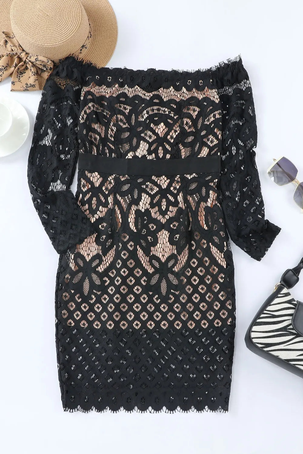 Off-Shoulder Long Sleeve Lace Dress - Girly Tea