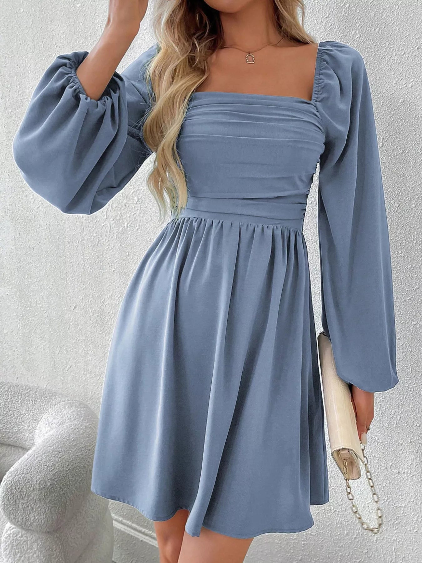 Ruched Square Neck Long Sleeve A-Line Dress - Girly Tea