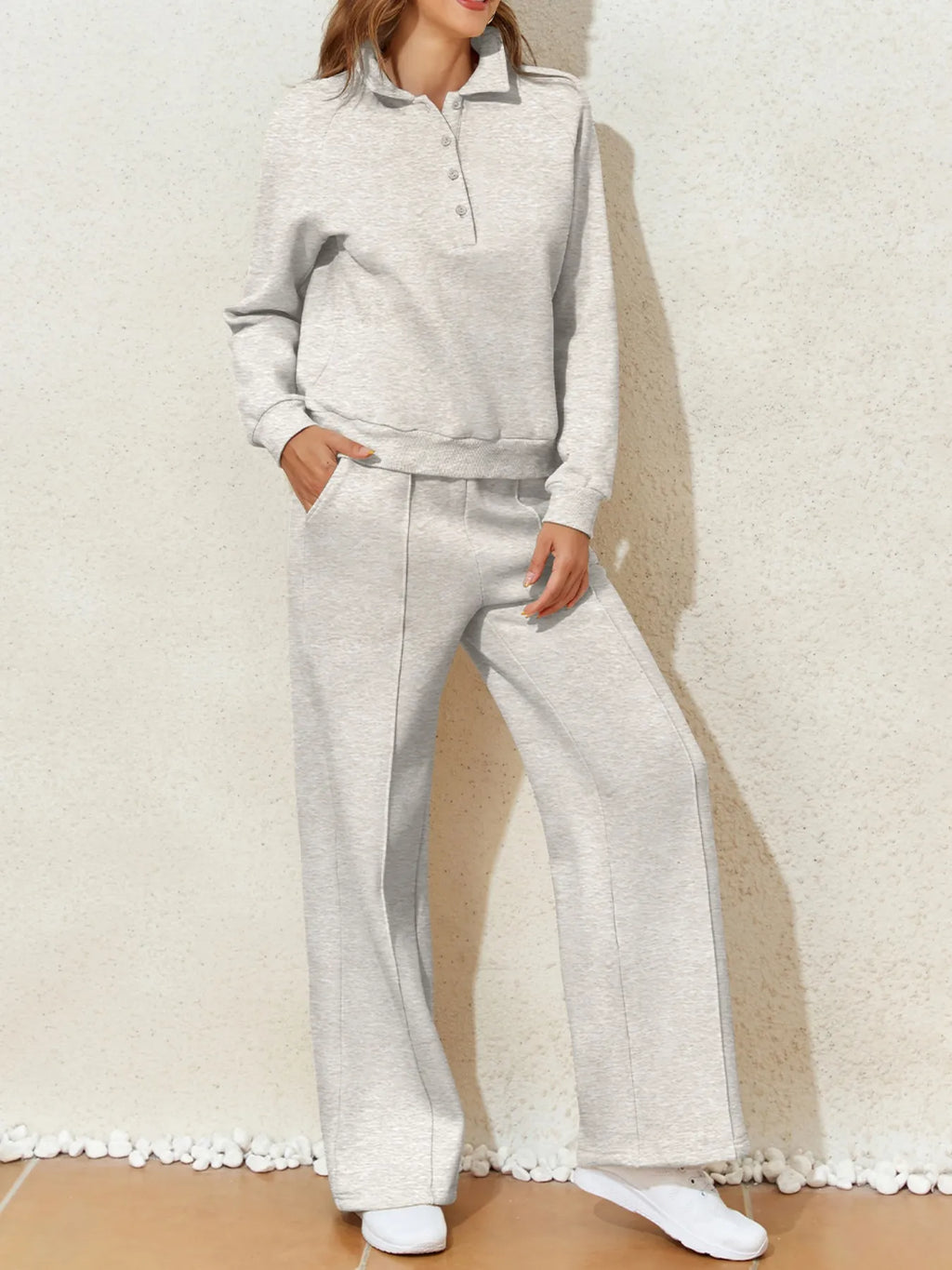 Collared Sweatshirt and High Waist Pants Active Set - Girly Tea