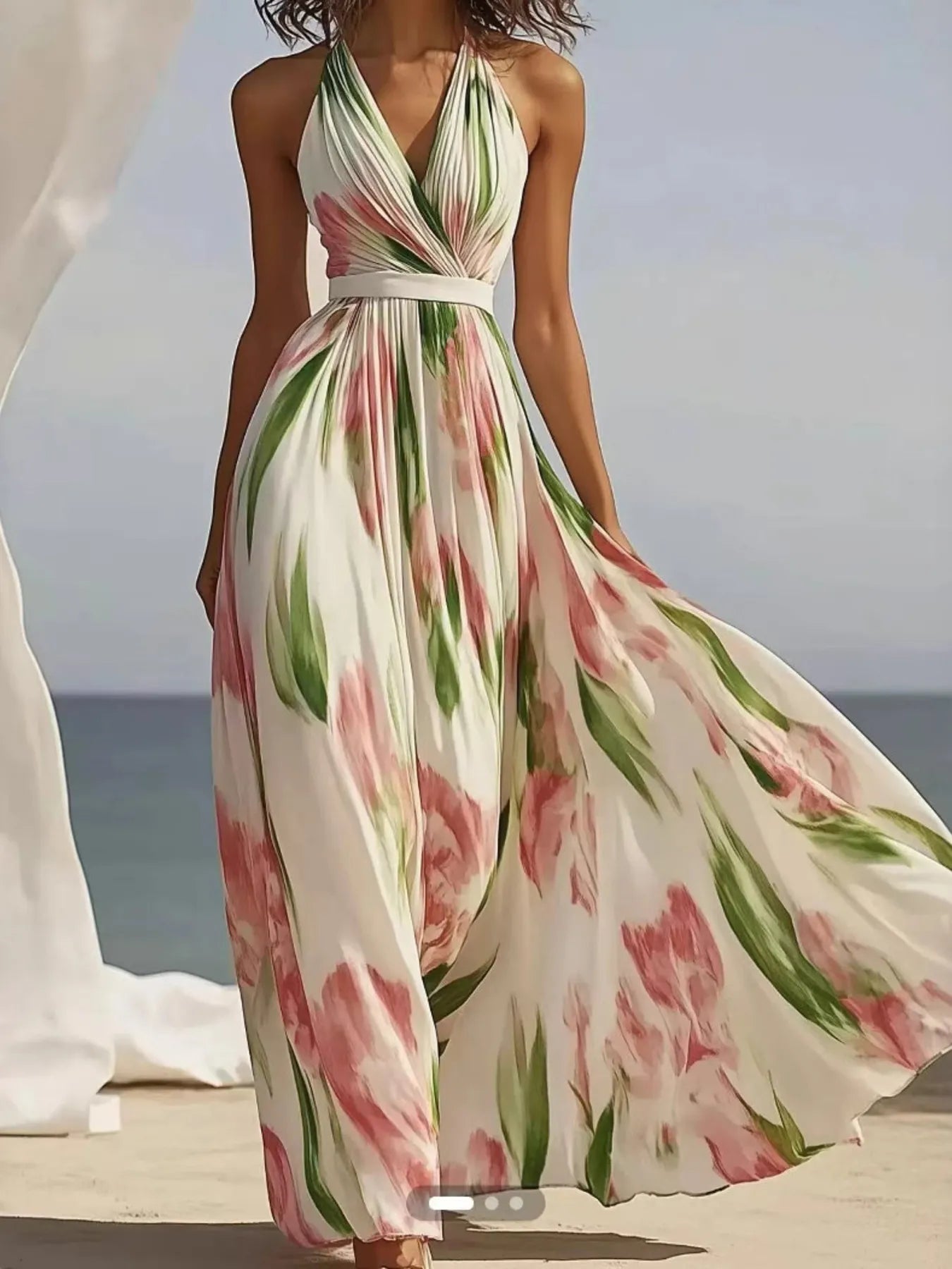 Floral Print Halter Neck Maxi Dress - Girly Tea