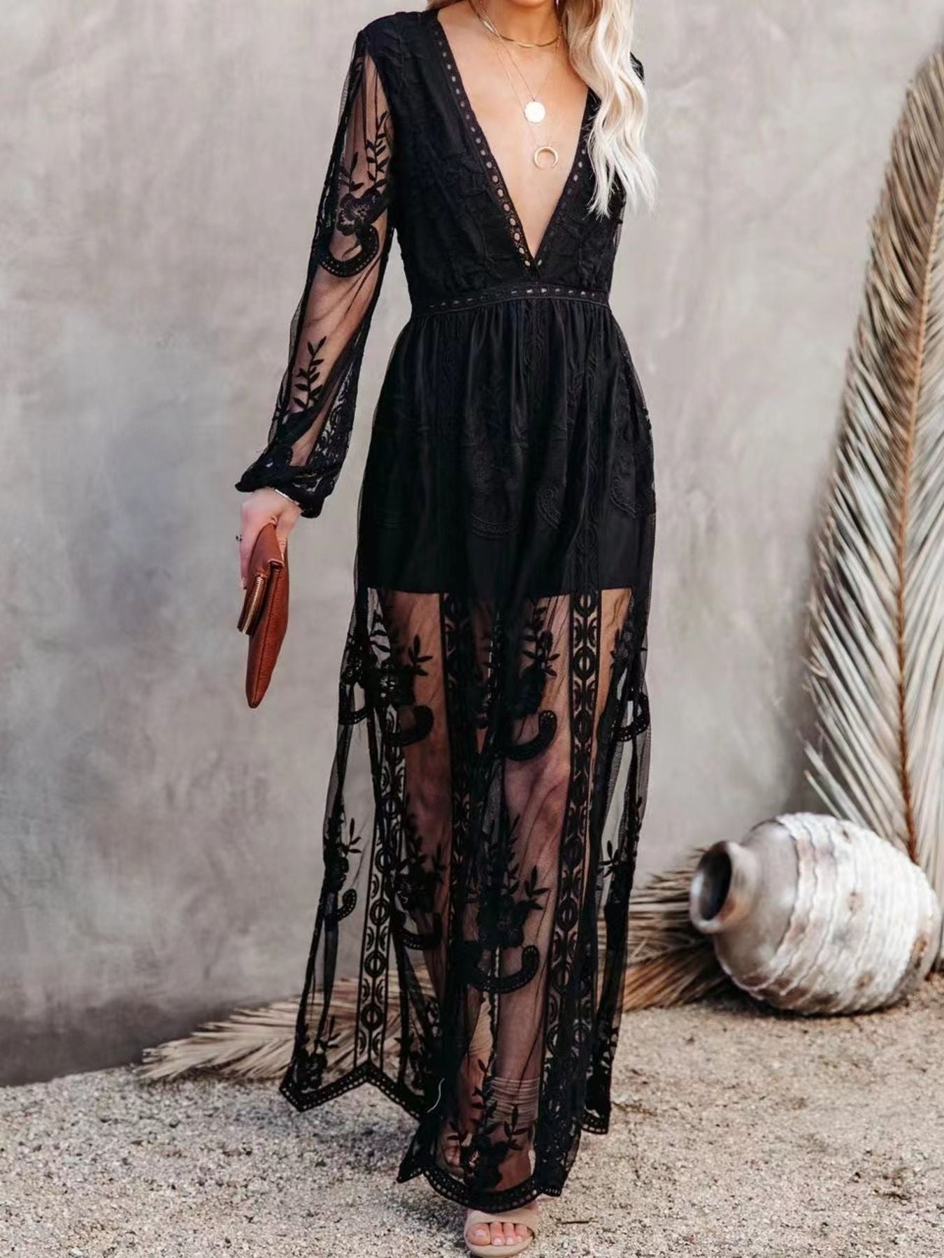 Floral Lace Slit Maxi Dress - Girly Tea
