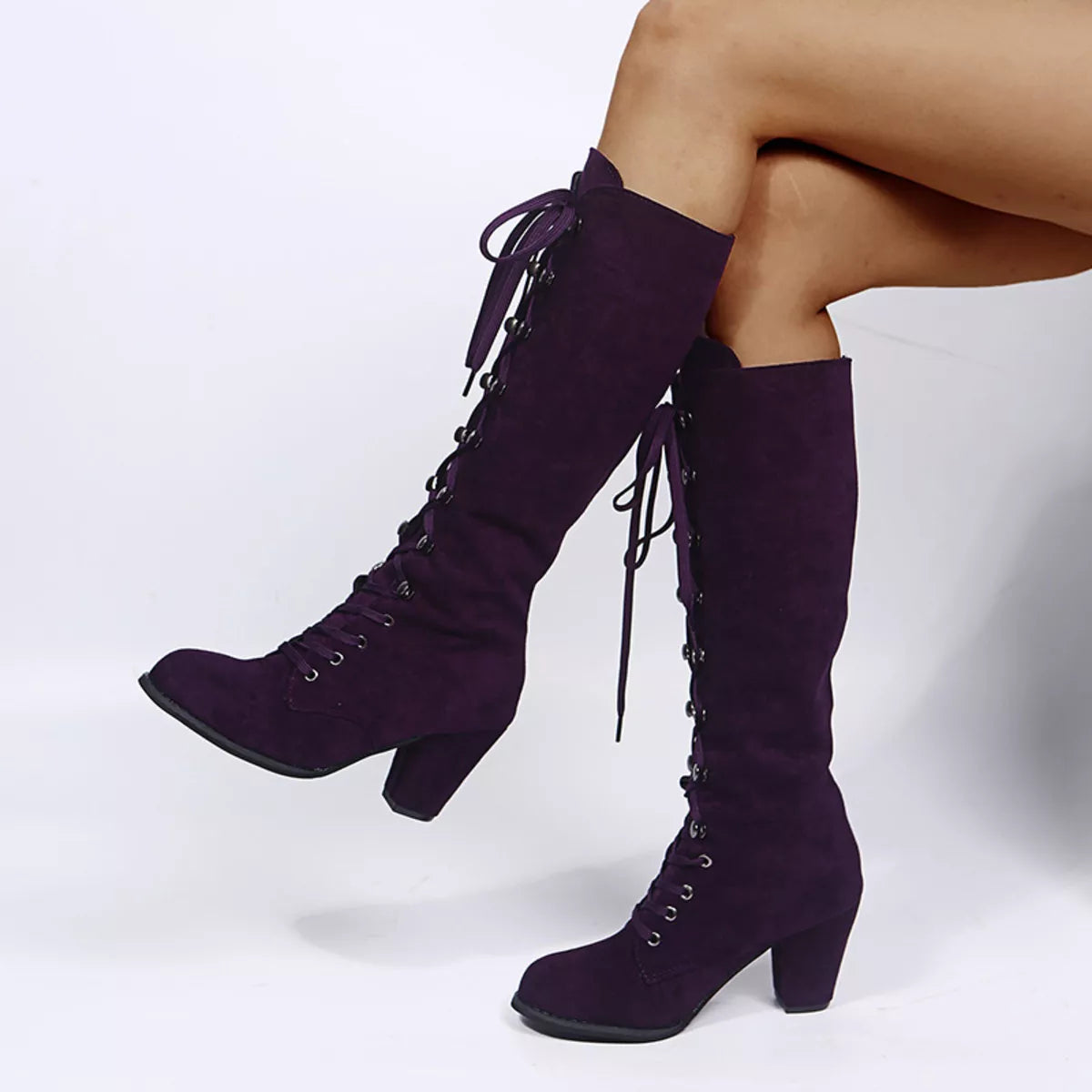 Lace Up Block Heels Boots - Girly Tea
