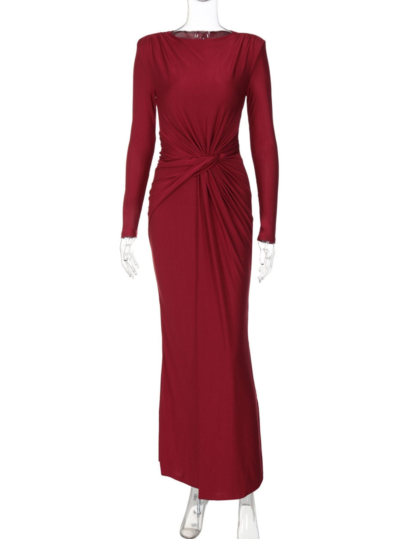 Ruched Knot Front Long Sleeve Maxi Dress - Girly Tea