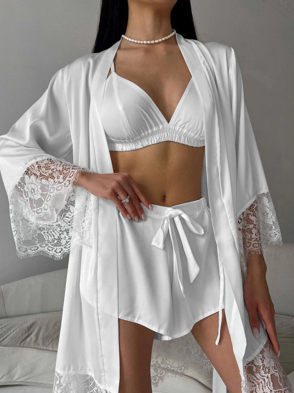 Cami & Lace Trim Cardigan & Shorts Lounge Set - Girly Tea