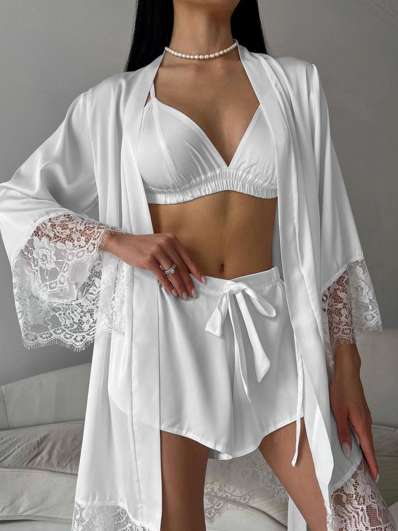 Cami & Lace Trim Cardigan & Shorts Lounge Set - Girly Tea