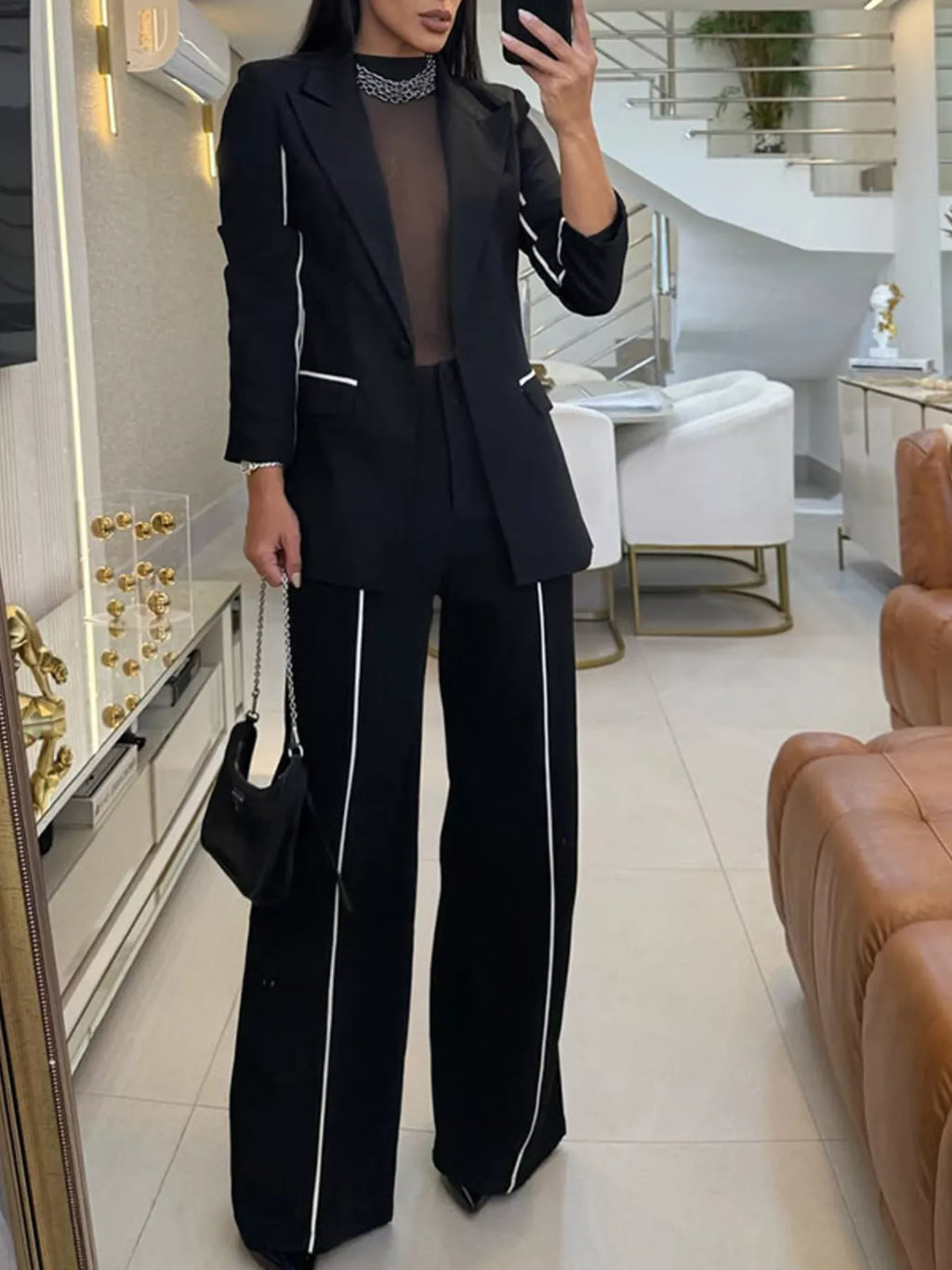 Contrast Trim Blazer & Wide Leg Pants Set - Girly Tea
