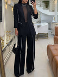 Contrast Trim Blazer & Wide Leg Pants Set - Girly Tea