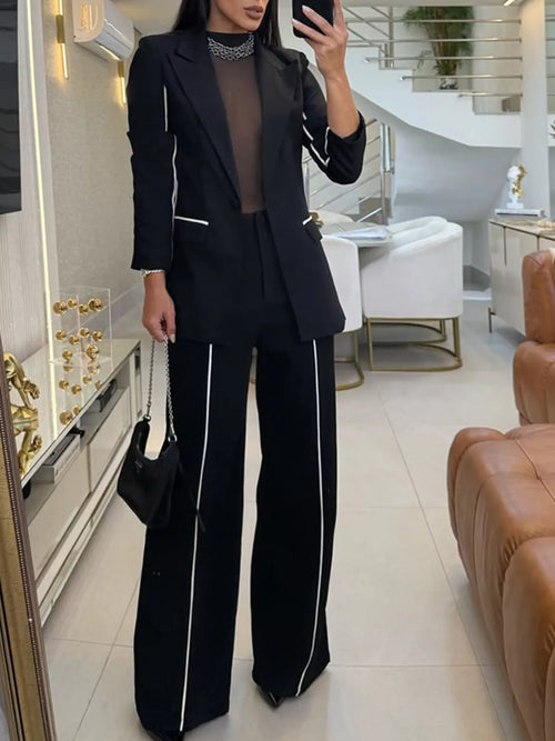 Contrast Trim Blazer & Wide Leg Pants Set - Girly Tea
