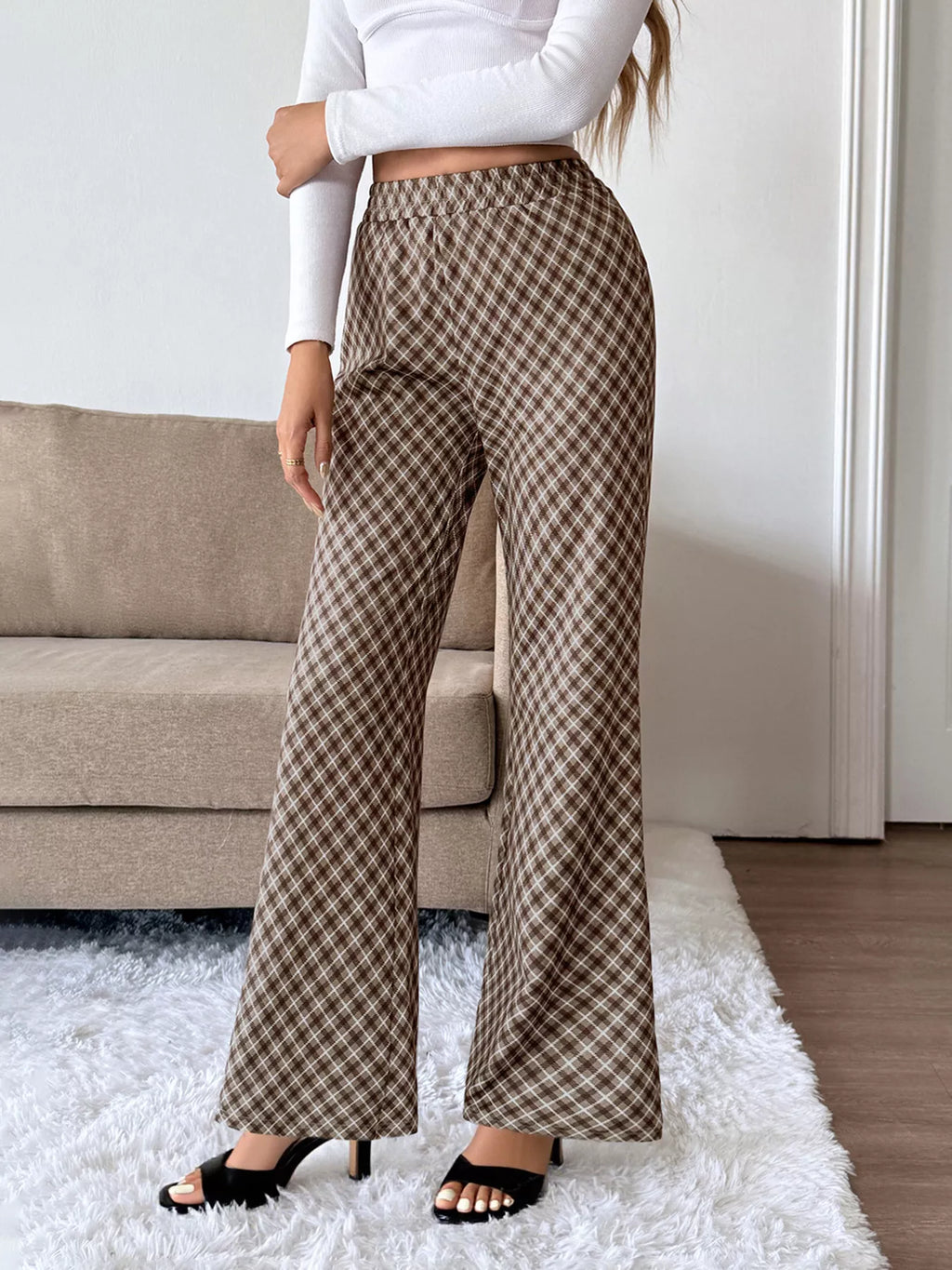Plaid High-Waisted Wide Leg Pants - Girly Tea