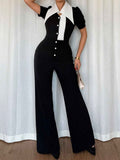 Contrast Button-Down Wide Leg Jumpsuit