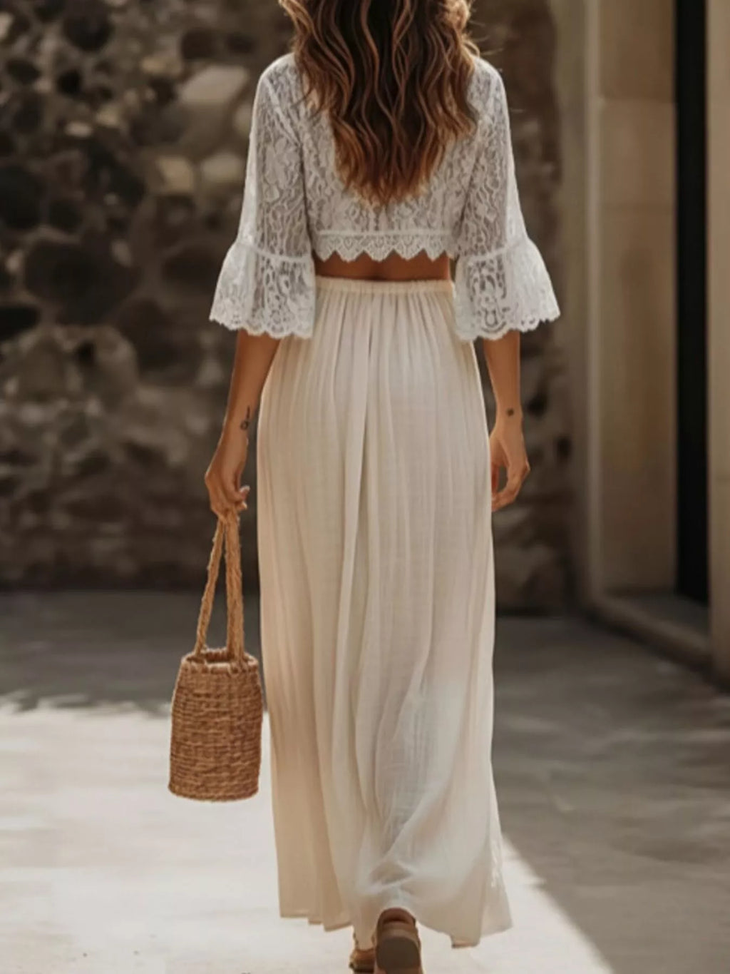 Lace Crop Top and Slit Maxi Skirt Set - Girly Tea