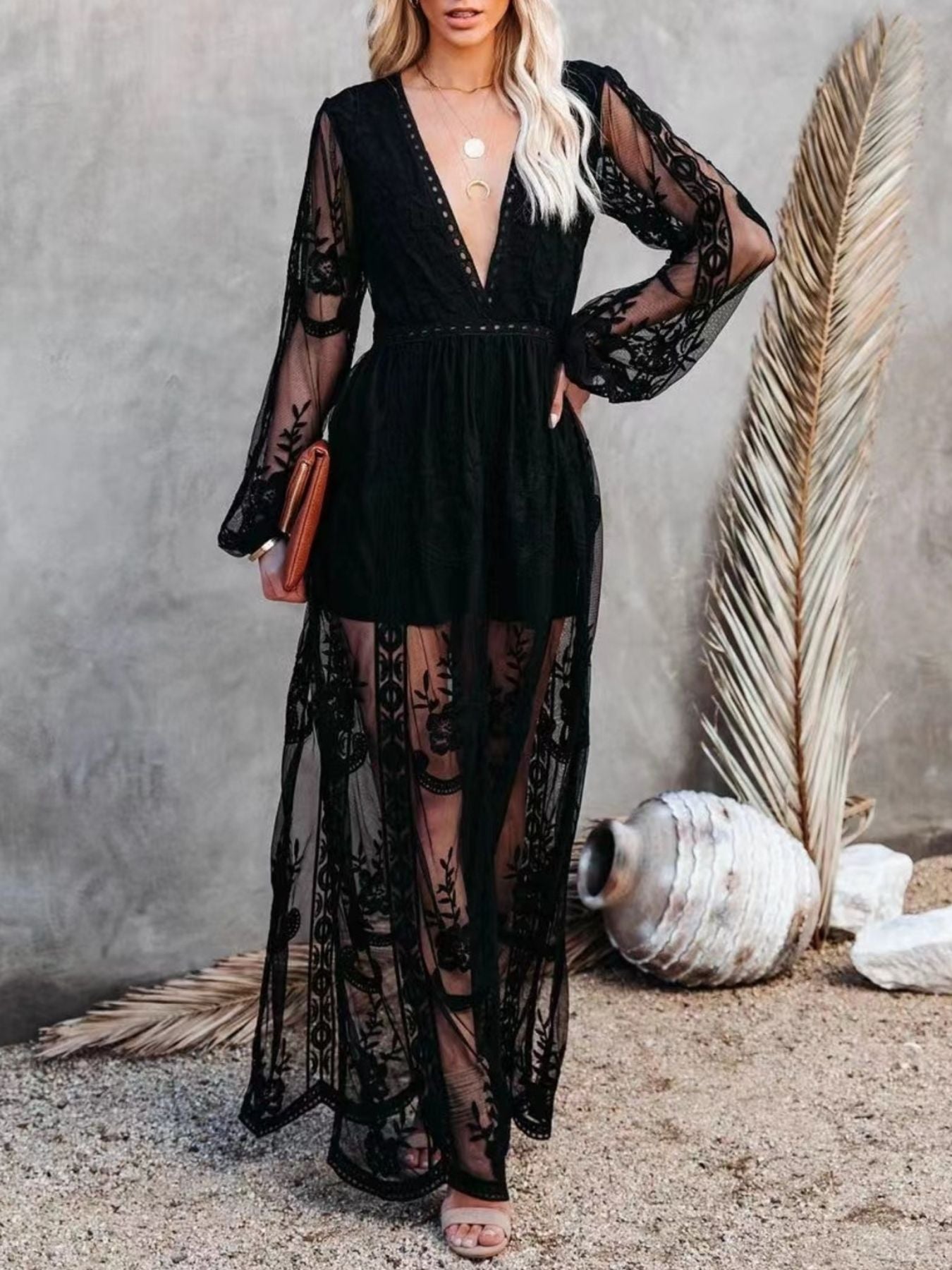 Floral Lace Slit Maxi Dress - Girly Tea