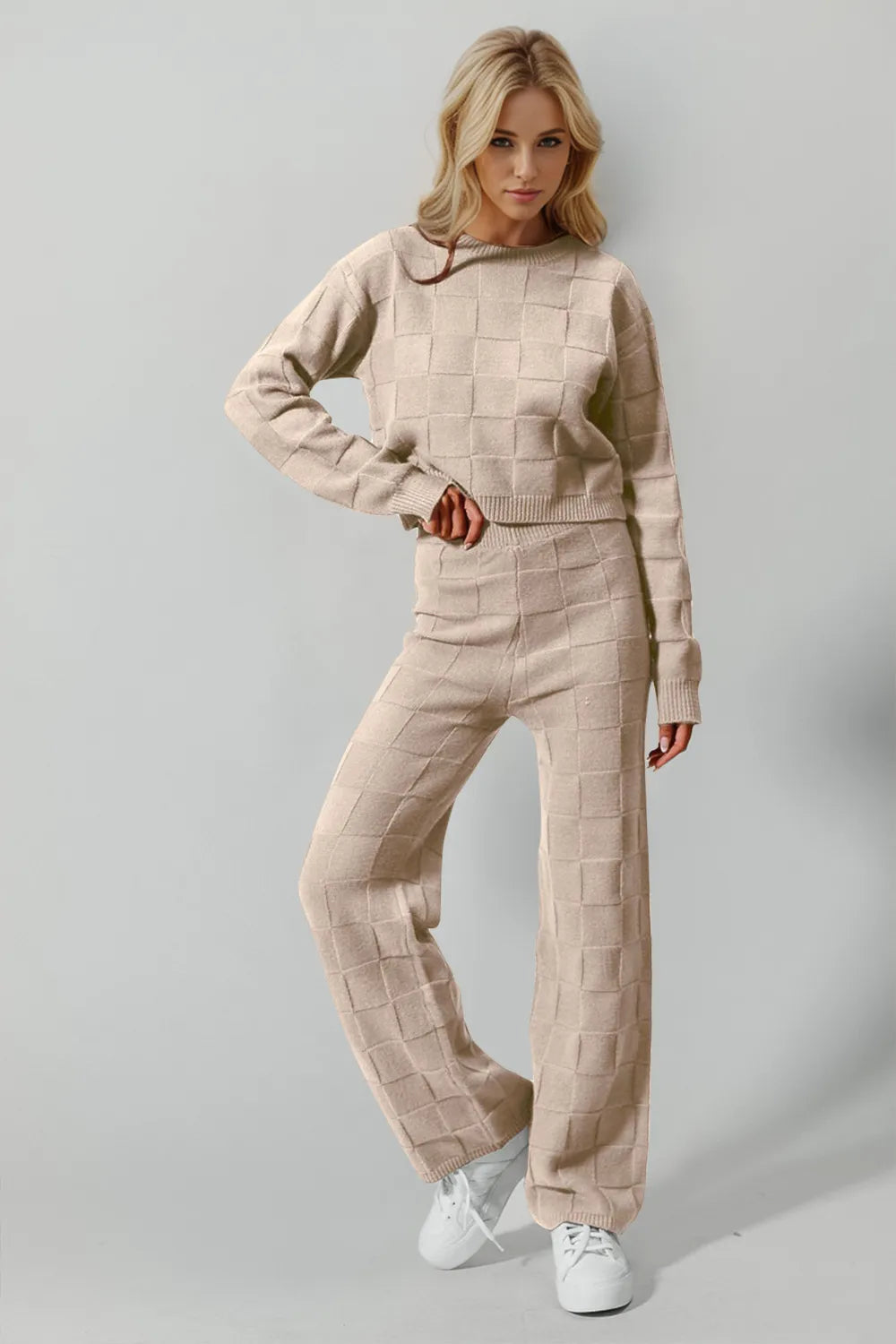 Double Take Full Size Checkered Round Neck Top and Pants Set - Girly Tea
