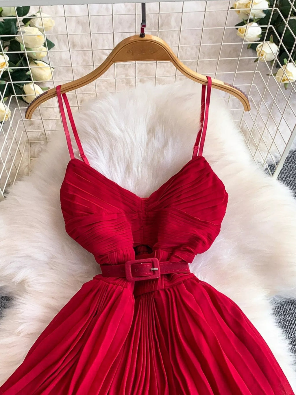 Pleated Layered Spaghetti Strap Midi Dress - Girly Tea