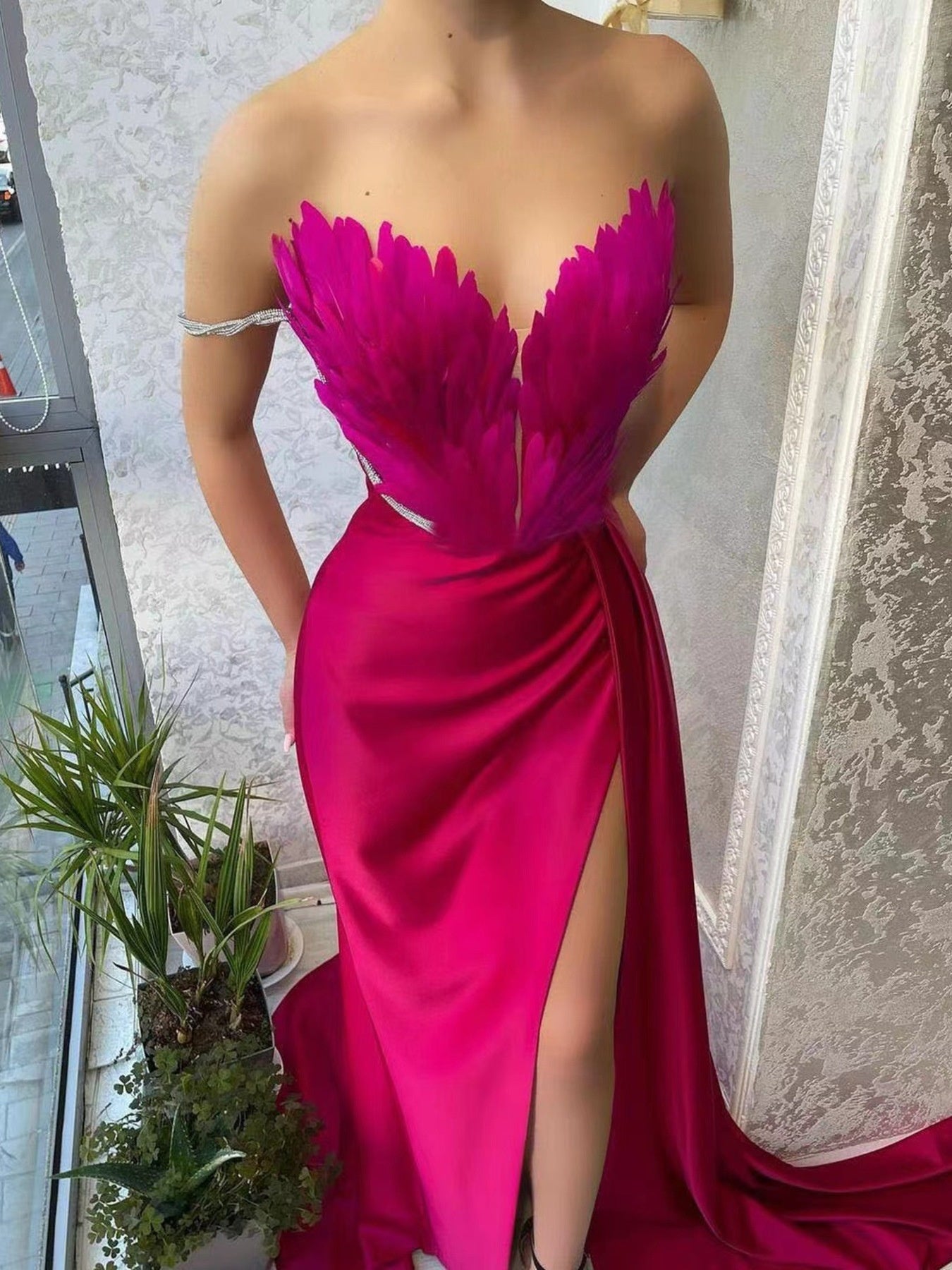 Feather Embellished Slit Maxi Dress - Girly Tea