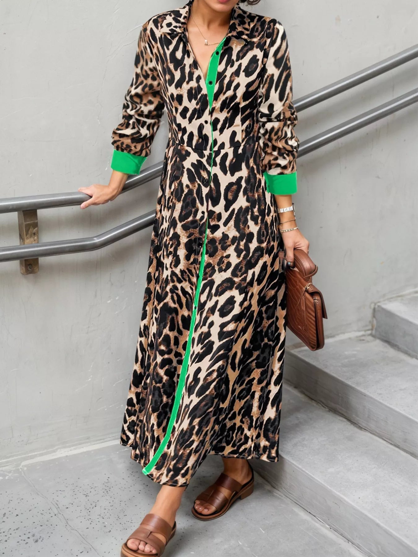 Leopard Print Long Sleeve Shirt Dress with Contrast Trim - Girly Tea